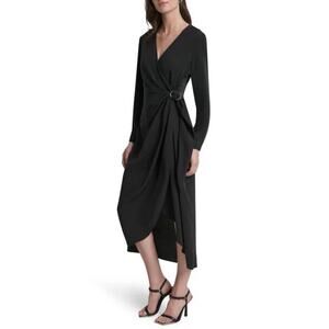 NWT DKNY Black Wrap Midi Dress Long Sleeve Size 20
